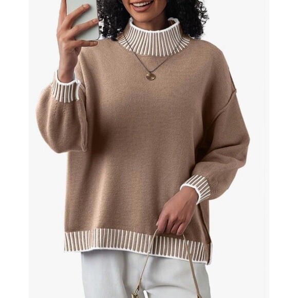 Womens S Mockneck Oversized Tunic Sweater Batwing Sleeve Camel/White Corpcore - Picture 1 of 6